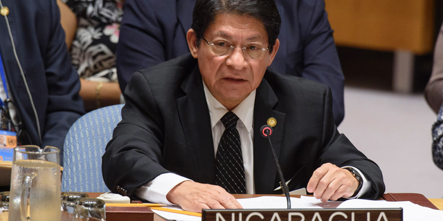 In this photo provided by the United Nations, Nicaragua's Foreign Minister Denis Moncada Colindres, addresses the United Nations Security Council, Wednesday, Sept. 5, 2018 at U.N. headquarters. (Loey Felipe/The United Nations via AP)