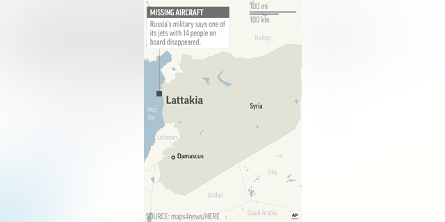 Map locates Lattakia, Syria, where Russian military says one of its jets disappeared; 1c x 2 1/2 inches; 46.5 mm x 63 mm;
