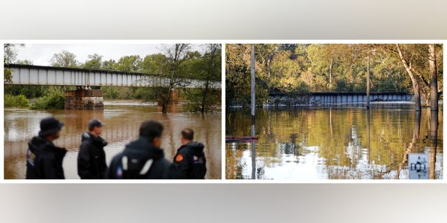 This combination of photos shows the Cape Fear River on Sept. 16, 2018, left, and on Sept. 19, 2018, in the aftermath of Hurricane Florence in Fayetteville, N.C. (AP Photos/David Goldman)