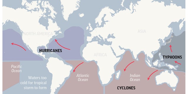 World map showing areas affected by typhoons and hurricanes.; 2c x 2 inches; 96.3 mm x 50 mm;