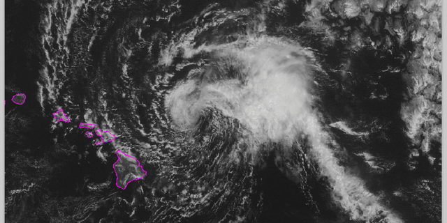 This satellite image made available the National Oceanic and Atmospheric Administration (NOAA) shows Tropical Storm Olivia east of the main islands of Hawaii at 11 a.m. Hawaii time Tuesday, Sept. 11, 2018. Central Pacific Hurricane Center meteorologist Matthew Foster says the storm could deposit 10 to 15 inches of rain on the islands, though some areas could get as much as 20 inches. (NOAA via AP)