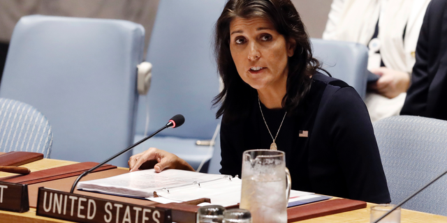 U.S. Ambassador Nikki Haley addresses the United Nations Security Council, Monday, Sept. 17, 2018, at U.N. headquarters. (AP Photo/Richard Drew)