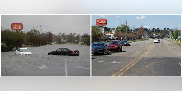 In this combination of photos, water inundates a street on Sept. 15, 2018, left, and on Sept. 19, 2018, after the water receded in the aftermath of Hurricane Florence in Wilmington, N.C. (AP Photo/Chuck Burton)