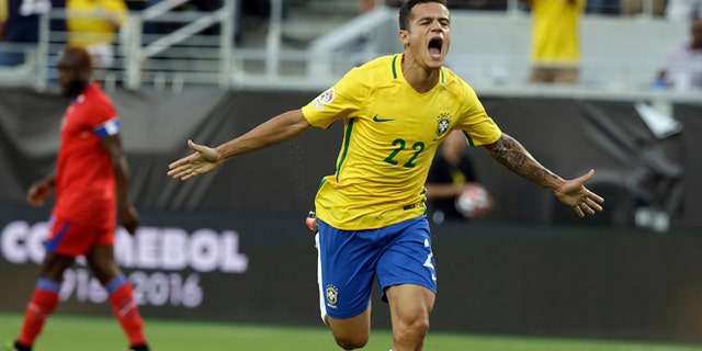Philippe Coutinho celebrates after scoring a goal against Haiti on Wednesday, June 8, 2016, in Orlando, Fla.