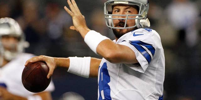 FILE - In this Sunday Dec. 2, 2012 file photo, Dallas Cowboys quarterback Kyle Orton (18) passes the ball before an NFL football game against the Philadelphia Eagles in Arlington, Texas. The Dallas Cowboys are releasing Kyle Orton after their backup quarterback missed all the offseason workouts amid reports that he was considering retirement, Tuesday, July 15, 2014.(AP Photo/Tony Gutierrez, File)