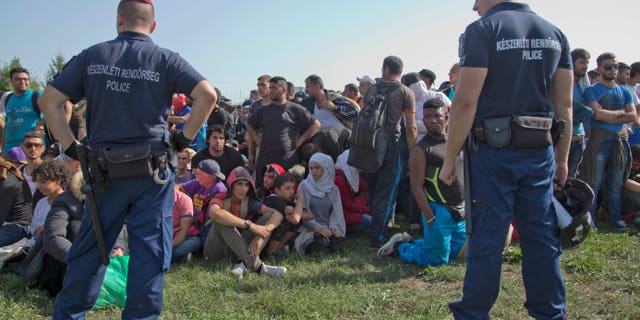 Sept. 18, 2015 - Migrants wait after disembarking from Croatian buses in Baranjsko Petrovo Selo, at the Hungarian border, northeast Croatia. Croatia has sent buses full of migrants to Hungary after the country's prime minister said it could not cope with the influx.
