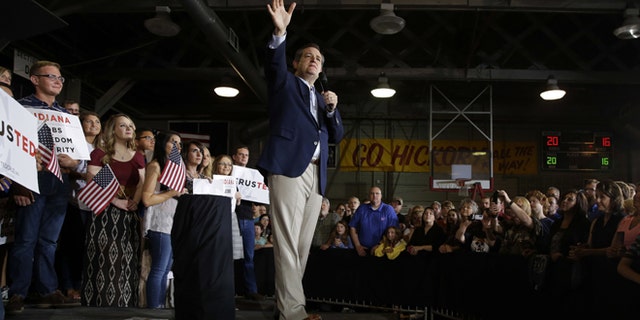 Republican presidential candidate Sen. Ted Cruz, R-Texas, speaks during a rally at the Hoosier Gym in Knightstown, Ind., Tuesday, April 26, 2016. (AP Photo/Michael Conroy)
