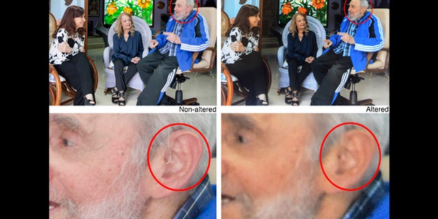 COMBO - This photo combination of four handout pictures show, top left, an unaltered image provided by photographer Alex Castro of Argentina's President Cristina Fernandez, left, with Cuban leader Fidel Castro, right, and Fidel's wife Dalia Soto del Valle during a private meeting, Jan. 26, 2014, in Havana, Cuba. On the top right is the same image released through Estudios Revolucion, digitally altered to remove what appears to be a hearing aid from the retired leader's ear. The bottom left image is a blown up view of the unaltered image and the bottom right image is a blown up view of the altered image. The Associated Press is eliminating from its archive this image and six more of the Cuban government handout photos of Fidel Castro meeting with leaders participating in a recent Latin America and Caribbean summit, after determining some were digitally altered. (AP Photo/Alex Castro, Cubadebate)