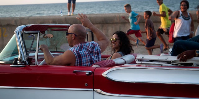Actors Vin Diesel and Michelle Rodriguez on Havana's malecon, Thursday, April 28, 2016.