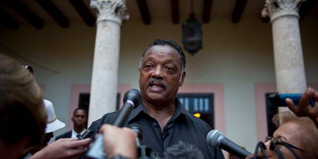 Rev. Jesse Jackson talks with journalists after a meeting with members of FARC in Havana, Cuba, Sunday, Sept. 29, 2013.