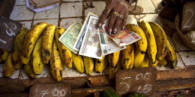 In this Aug. 30, 2013 photo, a food vendor spreads out convertible pesos, known as CUCs, the two bills on the right, and regular Cuban pesos at her stand in a vegetable market in Havana, Cuba. Cuba is the only country in the world that mints two national currencies, a bizarre system that even President Raul Castro acknowledges is hamstringing the island's socialist economy and must be scrapped.(AP Photo/Ramon Espinosa)