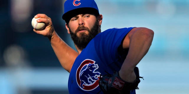 Aug. 30, 2015: Chicago Cubs starting pitcher Jake Arrieta throws to the plate during the first inning of a baseball game against the Los Angeles Dodgers. (AP Photo/Mark J. Terrill)