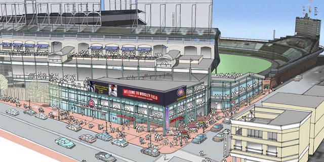This artist rendering provided May 1, 2013 by the Chicago Cubs shows renovations planned at Wrigley Field. Part of the $500 million renovation plan for the 99-year-old stadium is to build an exterior plaza at the corner of Addison and Sheffield.