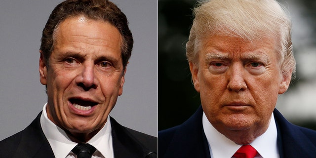 President Trump, speaking during a fundraiser Monday with New York Republicans, dared Democratic Gov. Andrew Cuomo, left, to run against him for president in 2020.