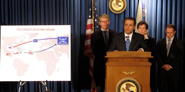 Preet Bharara, U.S. attorney for the Southern District of New York, at a press conference announcing charges against 60 members of an international cybercrime ring.