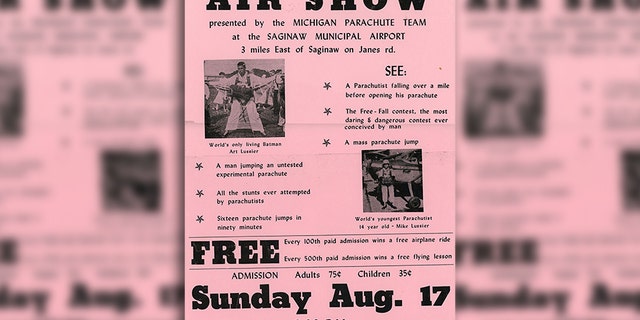 A flier for a Michigan Parachute Team event. The MPC was a group of young men who performed daredevil parachuting stunts.