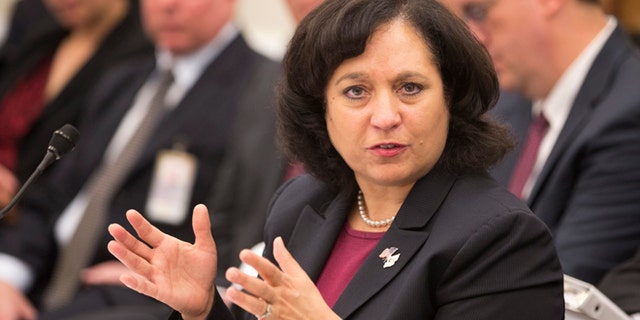 FILE - In this April 12, 2013 file photo, Drug Enforcement Administration (DEA) Administrator Michele Leonhart testifies on Capitol Hill in Washington. An Obama administration official says the head of the Drug Enforcement Administration is expected to resign soon. Leonhart is a career drug agent who has led the agency since 2007 and is the second woman to hold the job. (AP Photo/Manuel Balce Ceneta, File)