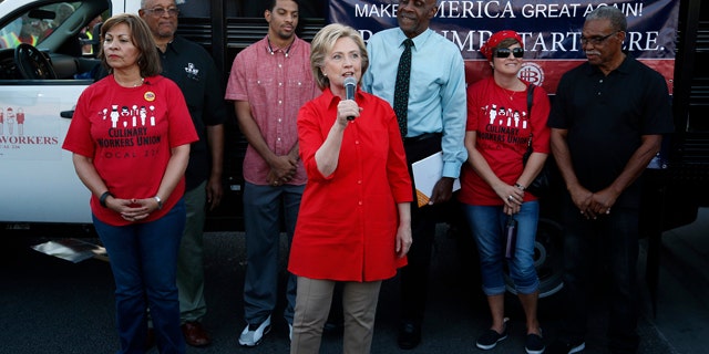 Oct. 12, 2015: Democratic presidential candidate Hillary Rodham Clinton speaks during a rally in Las Vegas, held by the Culinary Union to support a union drive at the Trump Hotel in Las Vegas. (AP Photo/John Locher)
