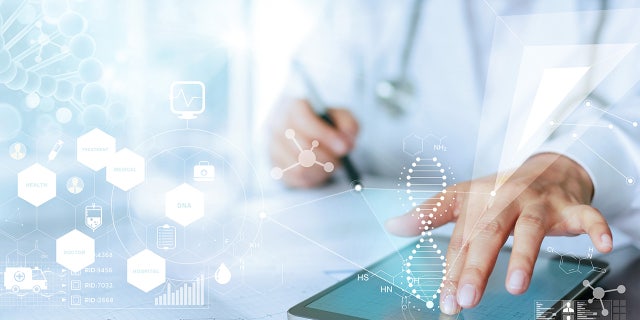 Medicine doctor hand touching computer interface as medical network connection with modern virtual screen, medical technology network concept