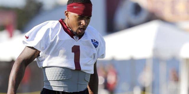 Jul 24, 2014; Richmond, VA, USA; Washington Redskins wide receiver DeSean Jackson (1) walks onto the field during practice on day two of training camp at Bon Secours Washington Redskins Training Center. Mandatory Credit: Geoff Burke-USA TODAY Sports