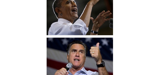 FILE - In these Sept. 26, 2012, file photo, President Barack Obama and Republican presidential candidate Mitt Romney campaign in the battleground state of Ohio. Fierce and determined competitors, Obama and Romney each have a specific mission for the string of three debates that starts Wednesday night, Oct. 3, 2012. Obama, no longer the fresh face of 2008, must convince skeptical Americans that he can do in a second term what he couldn't in his first: restore the U.S. economy to full health. Romney, anxious to keep the race from slipping away, needs to instill confidence that he is a credible and trusted alternative to the president, with a better plan for strengthening the fragile economy. (AP Photos)