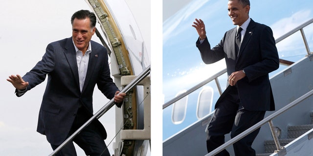 FILE - In these Sept. 2012, file photos Republican presidential candidate Mitt Romney, left, boards a plane in Denver, Colo, and President Barack Obama gets off a plane in Tampa, Fla., during an intense campaign in competitive states. Obama and Romney each have a specific mission for the string of three debates that starts Wednesday night, Oct. 3, 2012. Obama, no longer the fresh face of 2008, must convince skeptical Americans that he can accomplish in a second term what he couldn't in his first: restore the U.S. economy to full health. Romney, anxious to keep the race from slipping away, needs to instill confidence that he is a credible and trusted alternative to the president, with a better plan for strengthening the fragile economy. (AP Photos)