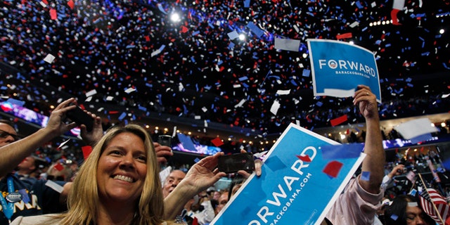 FILE: Sept. 6, 2012: Delegates celebrate at the Democratic National Convention in Charlotte, N.C.