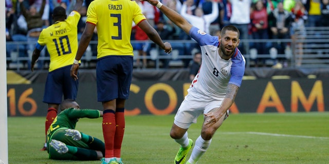 United States' Clint Dempsey , right, celebrates after his teammate Gyasi Zardes scoried against Ecuador during a Copa America Centenario quarterfinal soccer match, Thursday, June 16, 2016 at CenturyLink Field in Seattle. (AP Photo/Ted S. Warren)
