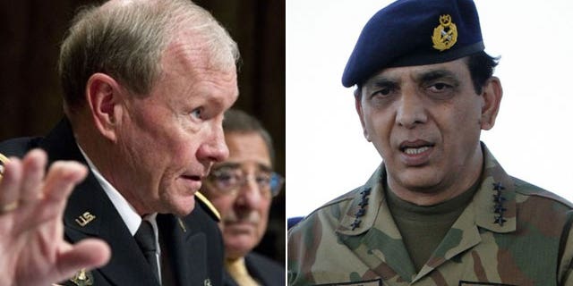 Seen are chairman of US Joint Chiefs of Staff Martin Dempsey (L) and Pakistan army chief Ashfaq Parvez Kayani (R)