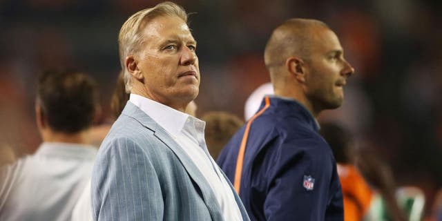 Aug 29, 2015; Denver, CO, USA; Denver Broncos general manager John Elway during the second half against the San Francisco 49ers at Sports Authority Field at Mile High. The Broncos won 19-12. Mandatory Credit: Chris Humphreys-USA TODAY Sports