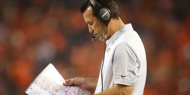 Aug 29, 2015; Denver, CO, USA; Denver Broncos head coach Gary Kubiak during the second half against the San Francisco 49ers at Sports Authority Field at Mile High. The Broncos won 19-12. Mandatory Credit: Chris Humphreys-USA TODAY Sports
