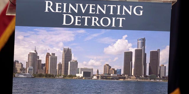 Image of the Detroit skyline on the podium where Detroit Emergency Manager Kevyn Orr and Michigan Governor Rick Snyder will address the media in Detroit, Michigan July 19, 2013.