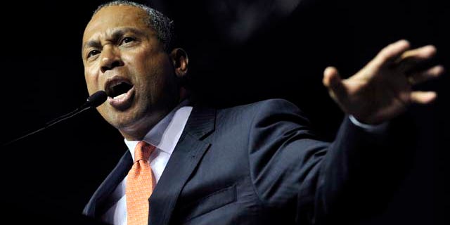 Gov. Deval Patrick addresses members of the state Democratic Convention, Saturday, June 4, 2011, at the Tsongas Arena in Lowell, Mass. The delegates were also addressed by the six hopefuls seeking the U.S. Senate seat currently held by Scott Brown. (AP Photo/Josh Reynolds)