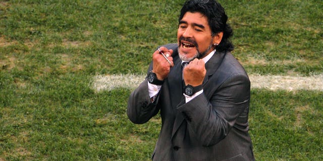 CAPE TOWN, SOUTH AFRICA - JULY 03: Diego Maradona head coach of Argentina gestures in frustration on the touchline during the 2010 FIFA World Cup South Africa Quarter Final match between Argentina and Germany at Green Point Stadium on July 3, 2010 in Cape Town, South Africa. (Photo by Clive Rose/Getty Images)