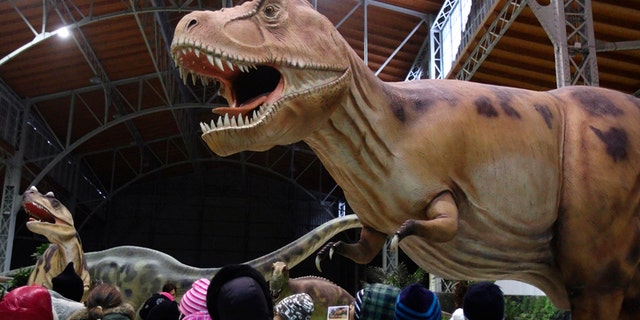 File photo - Children watch a life-sized Tyrannosaurus Rex dinosaur model in Vienna Feb. 7, 2014.