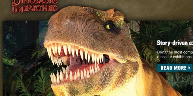 A screenshot of the website for Dinosaurs Unearthed -- a traveling dinosaur exhibition company that's bringing its show to Detroit.