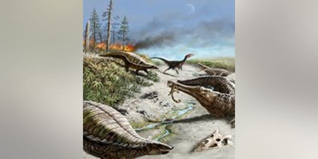 212 million years ago northern New Mexico was dry and hot with common wildfires. Early carnivorous dinosaurs were small and rare, whereas other reptiles were quite common.