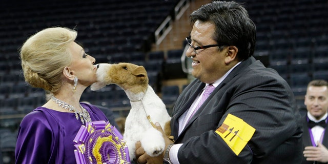 Judge Betty Regina Leininger, left, and handler Gabriel Rangel, pose with Sky, a wire fox terrier, after winning best in show at the Westminster Kennel Club dog show, Tuesday, Feb. 11, 2014, in New York. (AP Photo/Frank Franklin II)