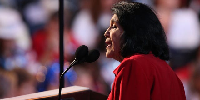 DENVER - AUGUST 27:  Dolores Huerta, President of the Dolores Huerta foundation, nominates U.S. Sen. Hillary Clinton for U.S. Presidentduring day three of the Democratic National Convention (DNC) at the Pepsi Center August 27, 2008 in Denver, Colorado. U.S. Sen. Barack Obama (D-IL) will be officially be nominated as the Democratic candidate for U.S. president on the last day of the four-day convention.  (Photo by John Moore/Getty Images)