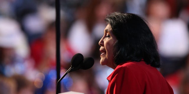 DENVER - AUGUST 27: Dolores Huerta, President of the Dolores Huerta foundation, nominates U.S. Sen. Hillary Clinton for U.S. Presidentduring day three of the Democratic National Convention (DNC) at the Pepsi Center August 27, 2008 in Denver, Colorado. U.S. Sen. Barack Obama (D-IL) will be officially be nominated as the Democratic candidate for U.S. president on the last day of the four-day convention. (Photo by John Moore/Getty Images)