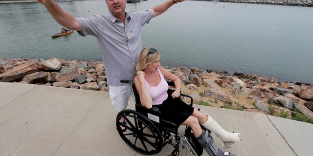 June 21: Dirk Frickman describes how a dolphin leaped onto his boat on, in Southern California breaking both of his wife Chrissie's ankles while boating near Dana Point, Calif.