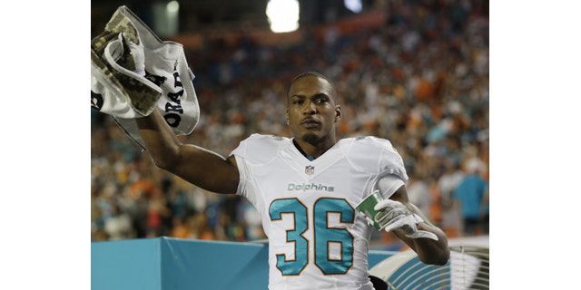 November 17, 2013: Miami Dolphins strong safety Don Jones cheers on his team during the second half of an NFL football game against the San Diego Chargers. (AP)