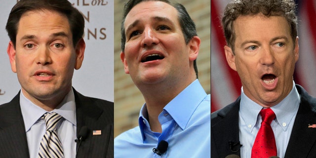 This photo combination shows, from left, Republic presidential candidates Sen. Marco Rubio, Sen. Ted Cruz, of Texas, and Sen. Rand Paul, of Kentucky. (AP Photo/Mary Altaffer/Nati Harnik/Carloyn Kaster)