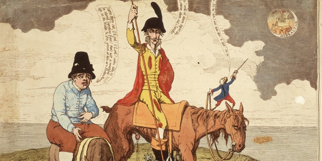 circa 1782: 'The Castle in the Moon - a new adventure, not mentioned by Cervantes'. Fictional Spanish knight Don Quixote and his companion Sancho Panza besiege the 'castle in the moon' of Gibraltar, occupied by the British. 'Sancho! We'll sit down before the castle, & starve them out, Sancho.' proposes the hero, to which Panza replies 'Starve them out, o Lord! O Lord! We're like to be starv'd ourselves first! There's not a mouthful left in the wallet, & I'm grown as thin as a Shotten herring.' Meanwhile a French monkey stands on the neck of the horse, making bold gestures with his sword. (Photo by Hulton Archive/Getty Images)