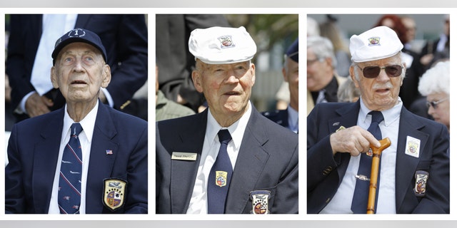 In these April 18, 2012 file photos, surviving Doolittle Raiders Richard Cole, left, David Thatcher, center, and Edward Saylor take part in a commemoration for the 70th anniversary of the raid on Tokyo at the Museum of the United States Air Force in Dayton, Ohio.