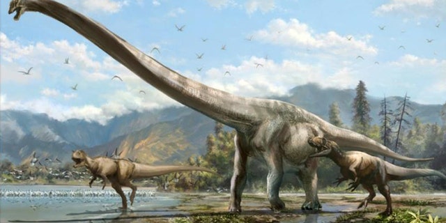 Artist's conception of Qijianglong, chased by two carnivorous dinosaurs in southern China 160 million years ago.