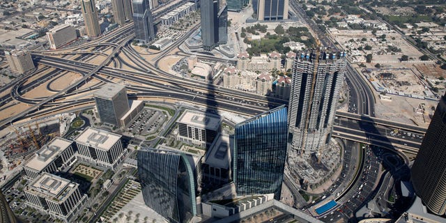 An aerial view of Dubai from Burj Khalifa, the tallest building in the world, in Dubai.