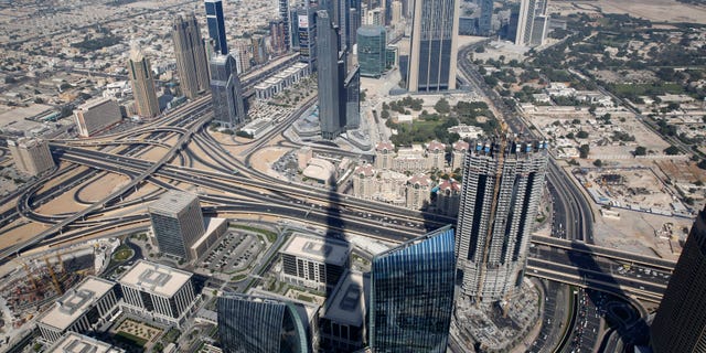 An aerial view of Dubai from Burj Khalifa, the tallest building in the world, in Dubai.