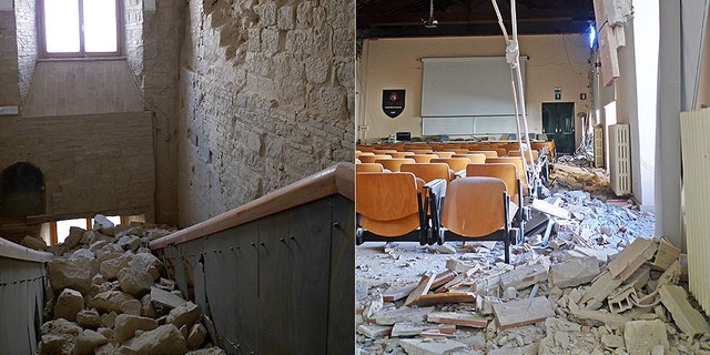 Earthquake damage at the Ducal Palace, site of the rectorate, and in a classroom