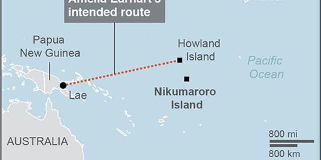 Map locates Howland Island and Nikumaroro Island and Amelia Earhartâs intended route; 2c x 3 inches; 96.3 mm x 76 mm; with BC-US--Finding Earhart; ETA 4 p.m.; 2c x 2 inches; 96.3 mm x 50 mm;
